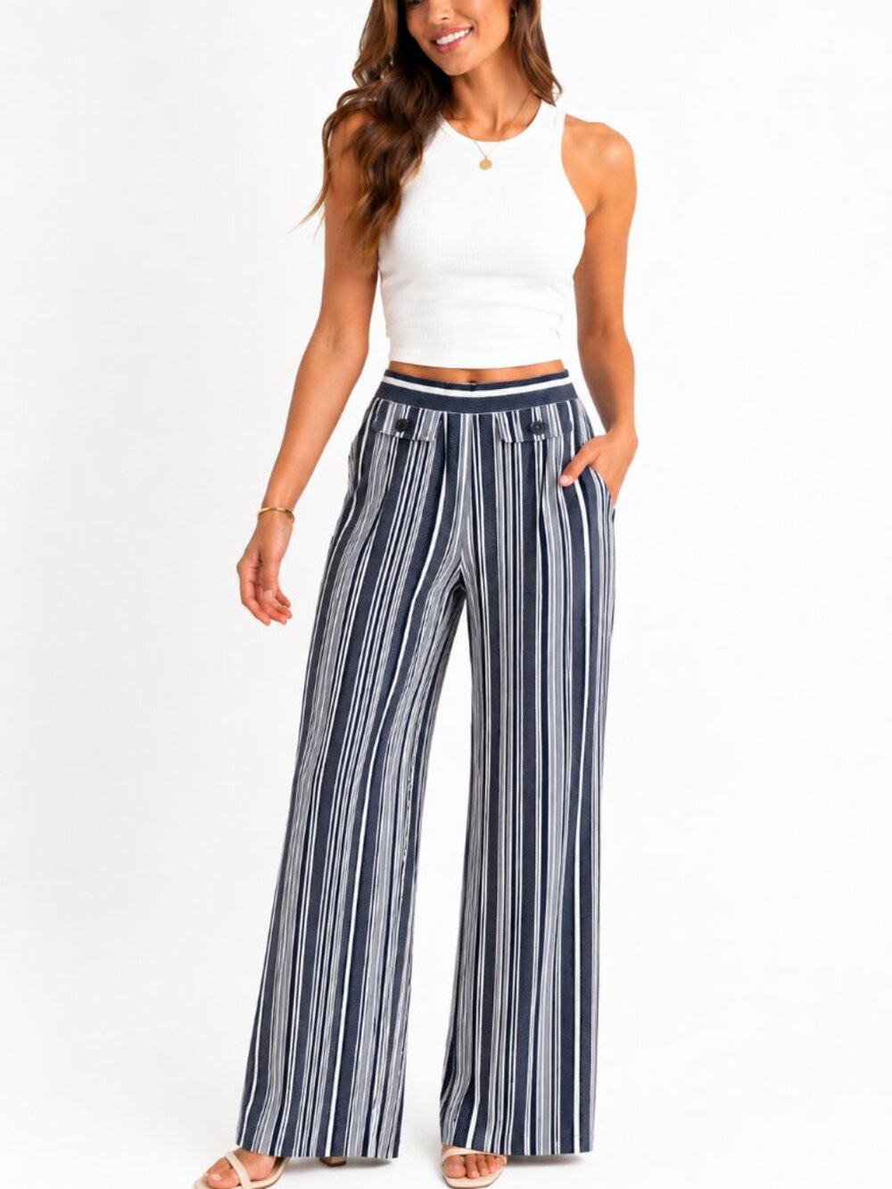 Striped Wide Leg Pants Size S Navy White Pull On Stretch NWT